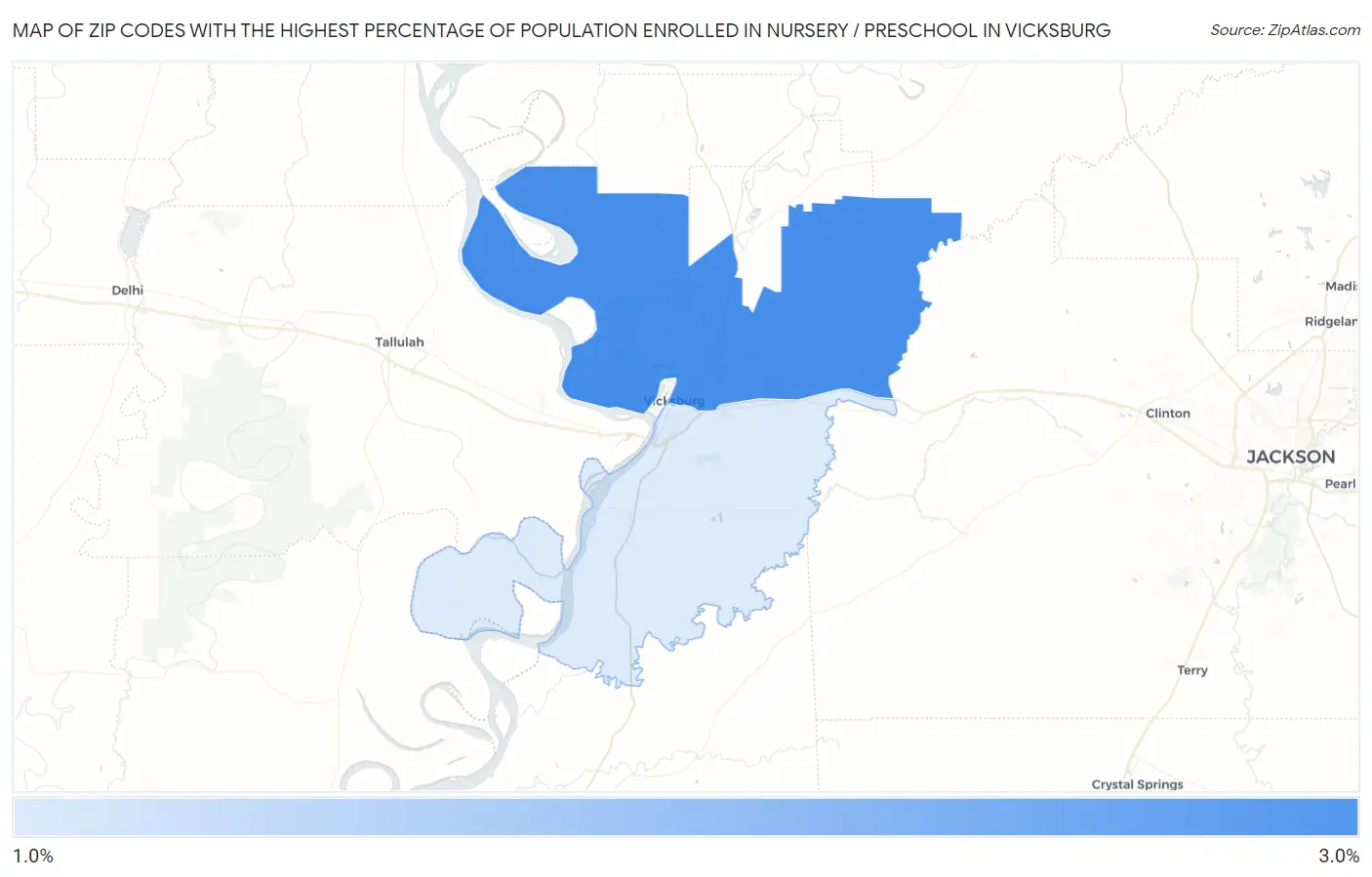 Zip Codes with the Highest Percentage of Population Enrolled in Nursery / Preschool in Vicksburg Map