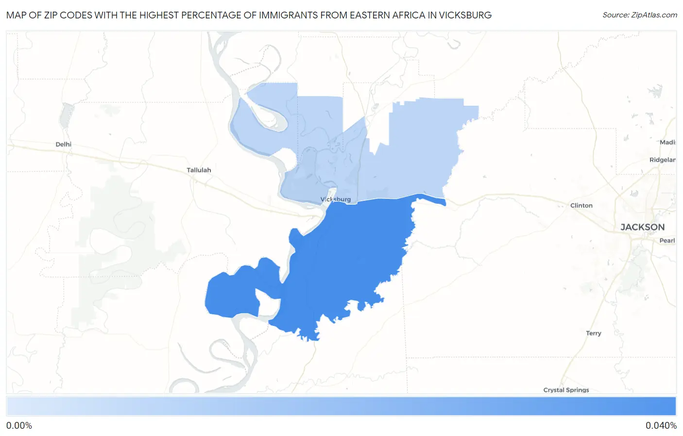 Zip Codes with the Highest Percentage of Immigrants from Eastern Africa in Vicksburg Map