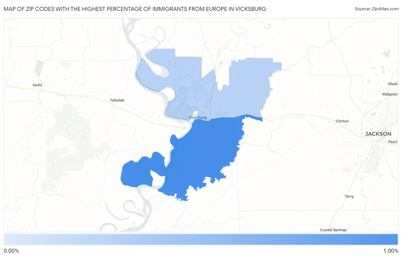 Zip Codes with the Highest Percentage of Immigrants from Europe in Vicksburg Map