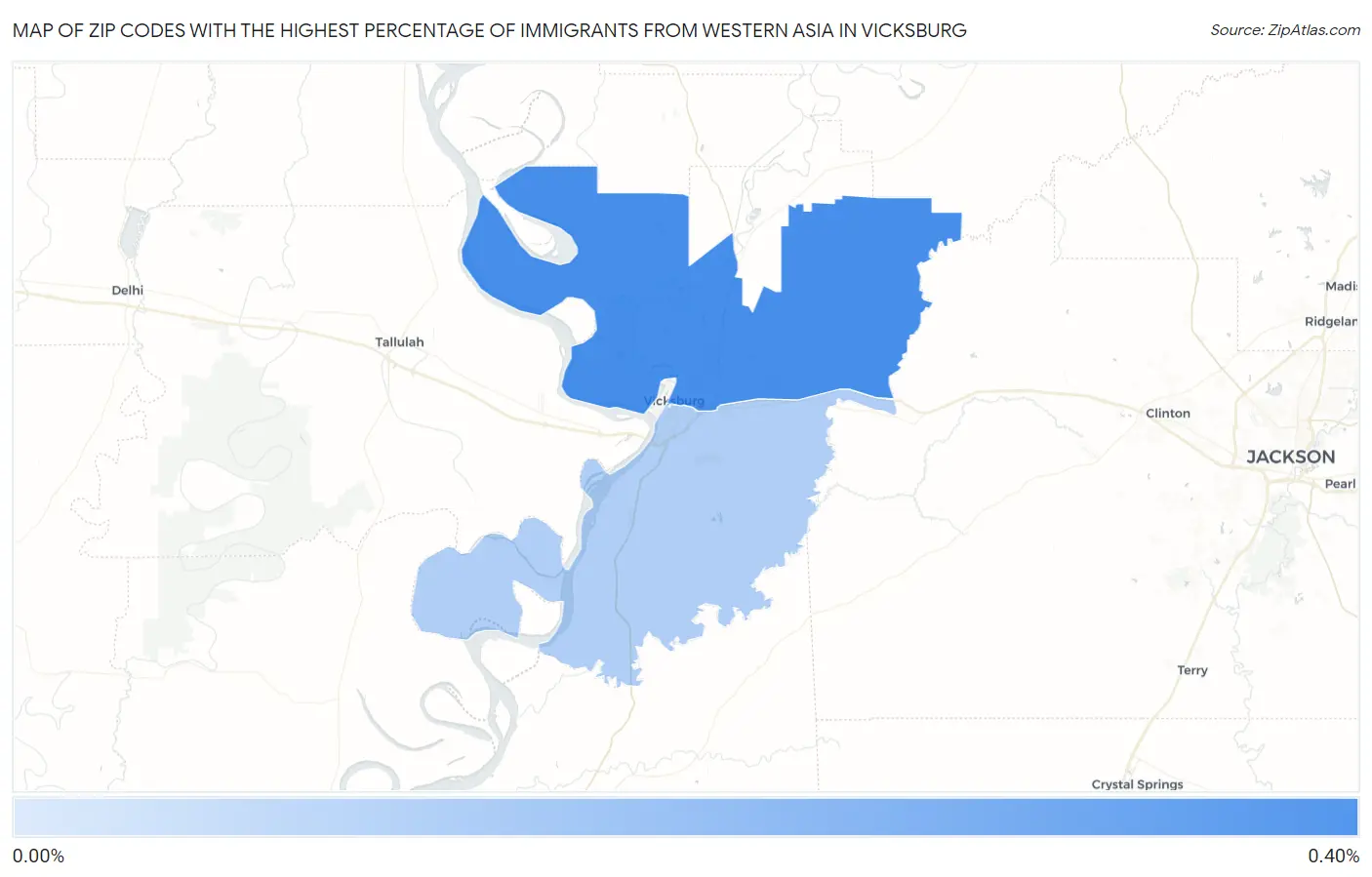 Zip Codes with the Highest Percentage of Immigrants from Western Asia in Vicksburg Map