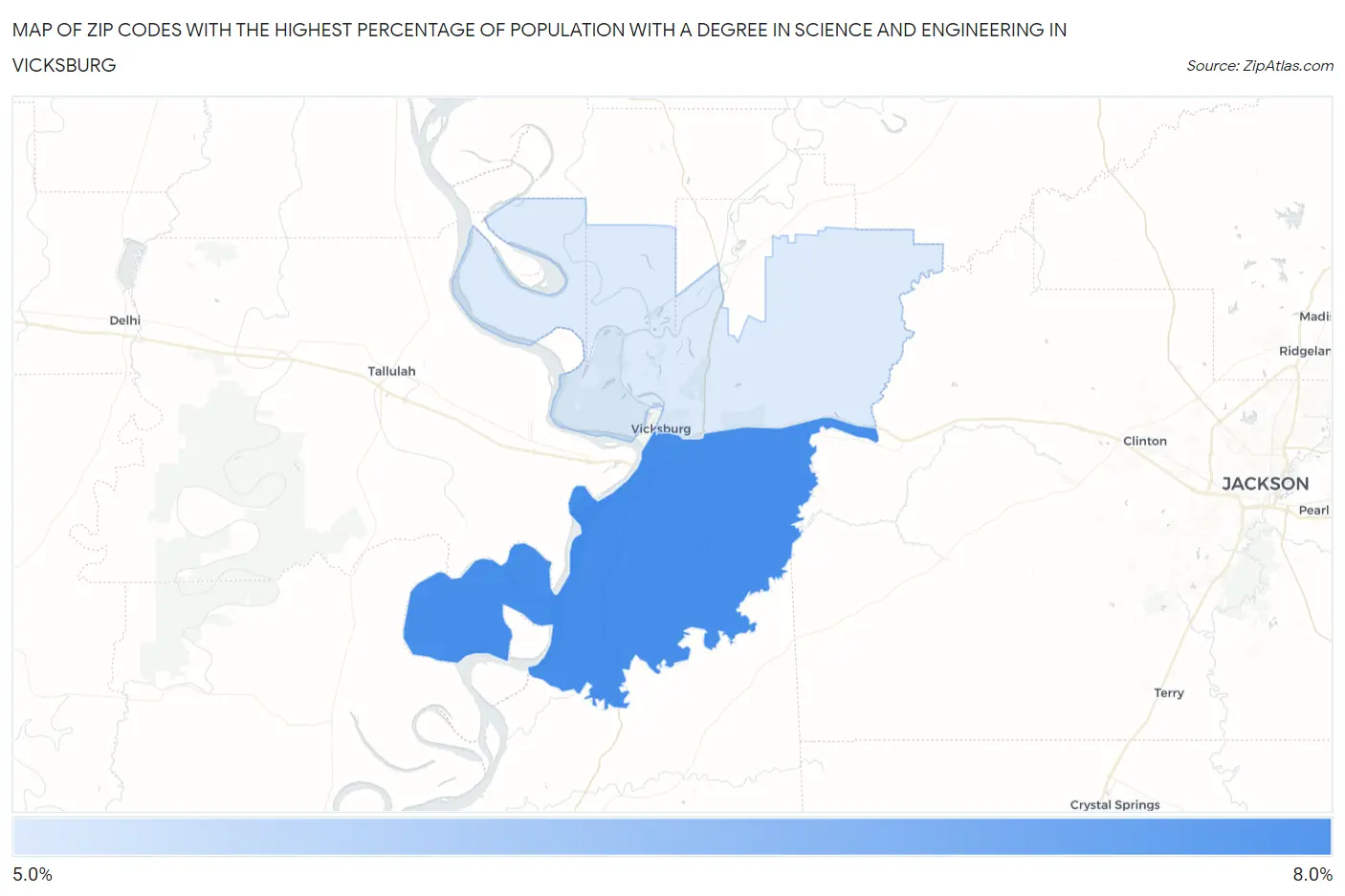 Zip Codes with the Highest Percentage of Population with a Degree in Science and Engineering in Vicksburg Map