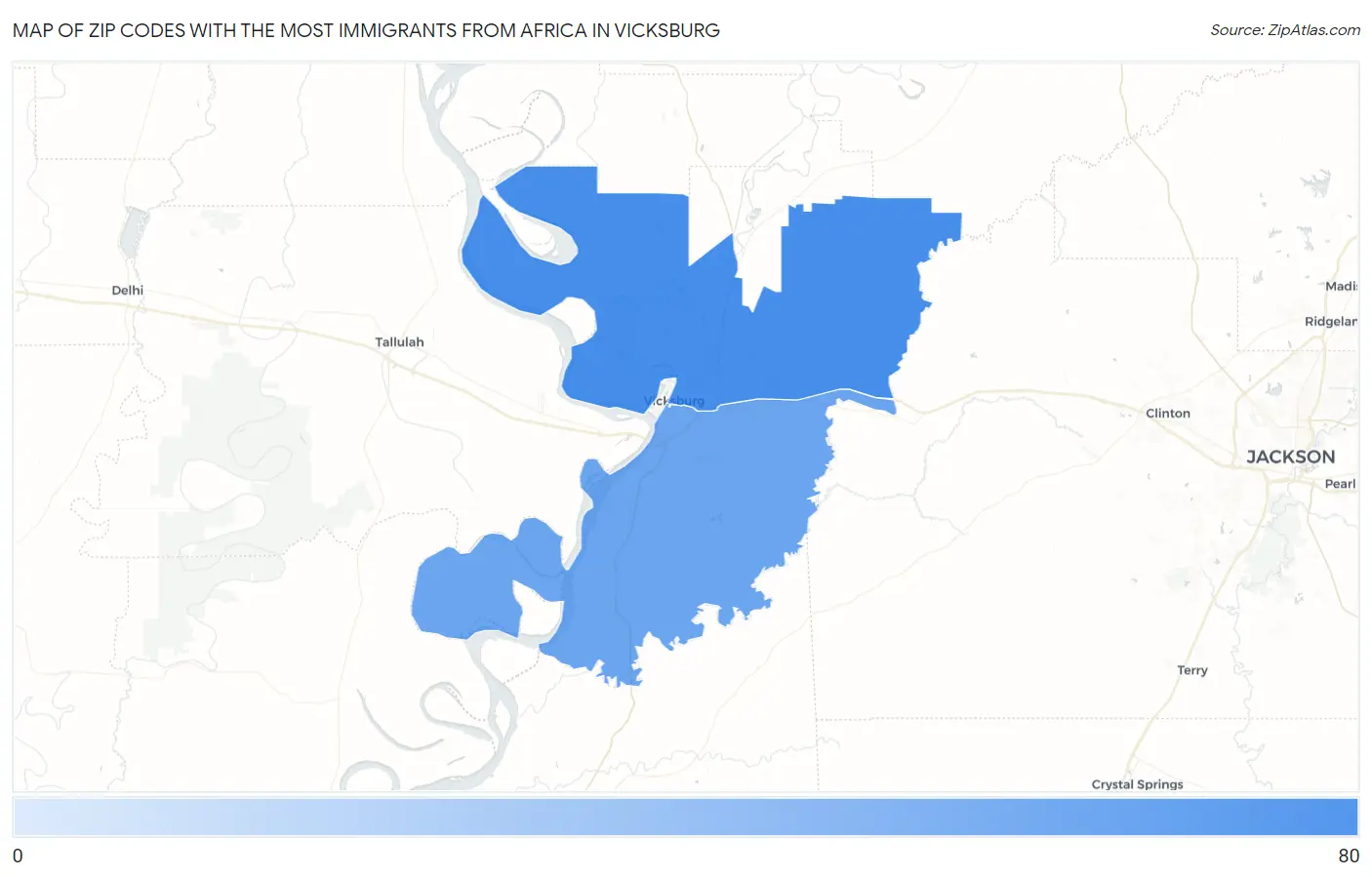 Zip Codes with the Most Immigrants from Africa in Vicksburg Map