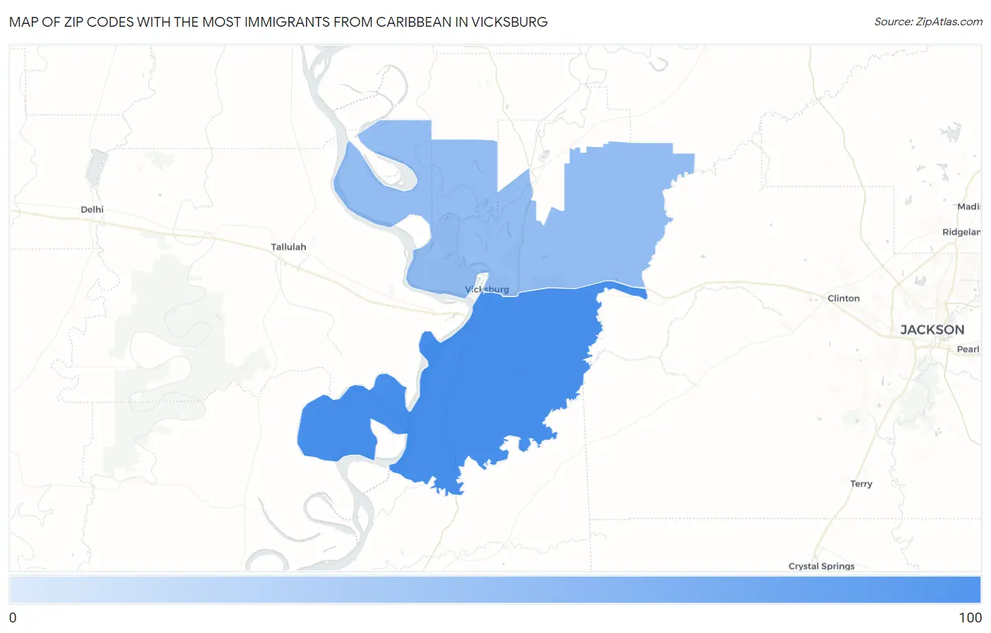 Zip Codes with the Most Immigrants from Caribbean in Vicksburg Map