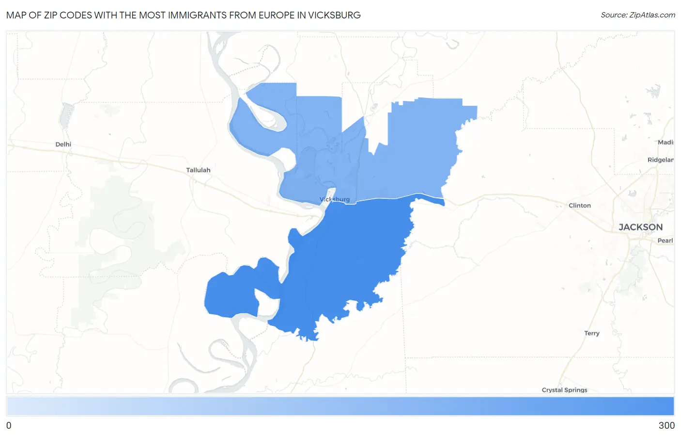 Zip Codes with the Most Immigrants from Europe in Vicksburg Map