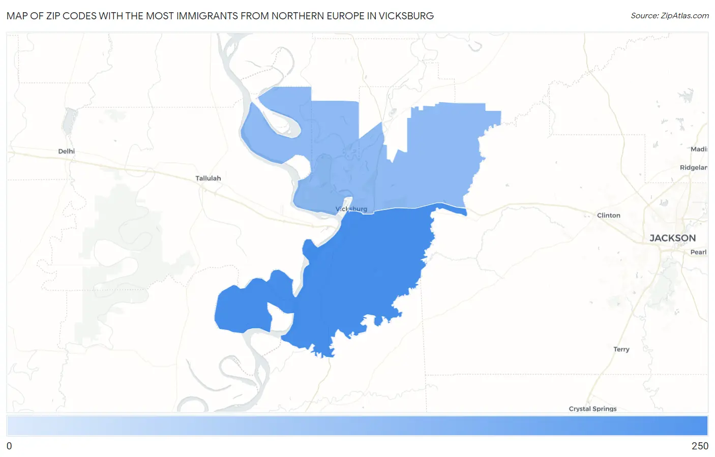 Zip Codes with the Most Immigrants from Northern Europe in Vicksburg Map