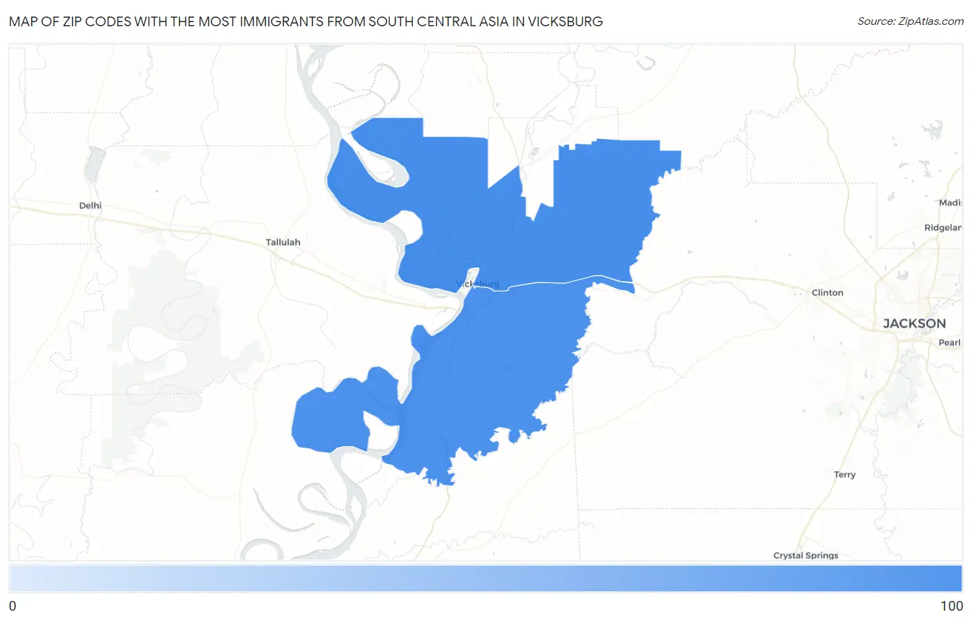 Zip Codes with the Most Immigrants from South Central Asia in Vicksburg Map