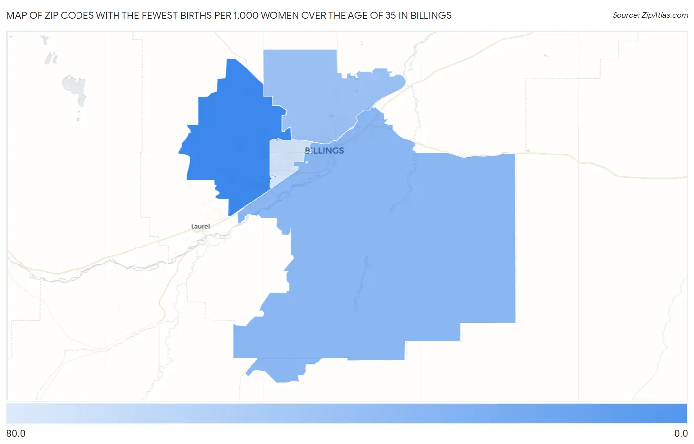 Zip Codes with the Fewest Births per 1,000 Women Over the Age of 35 in Billings Map