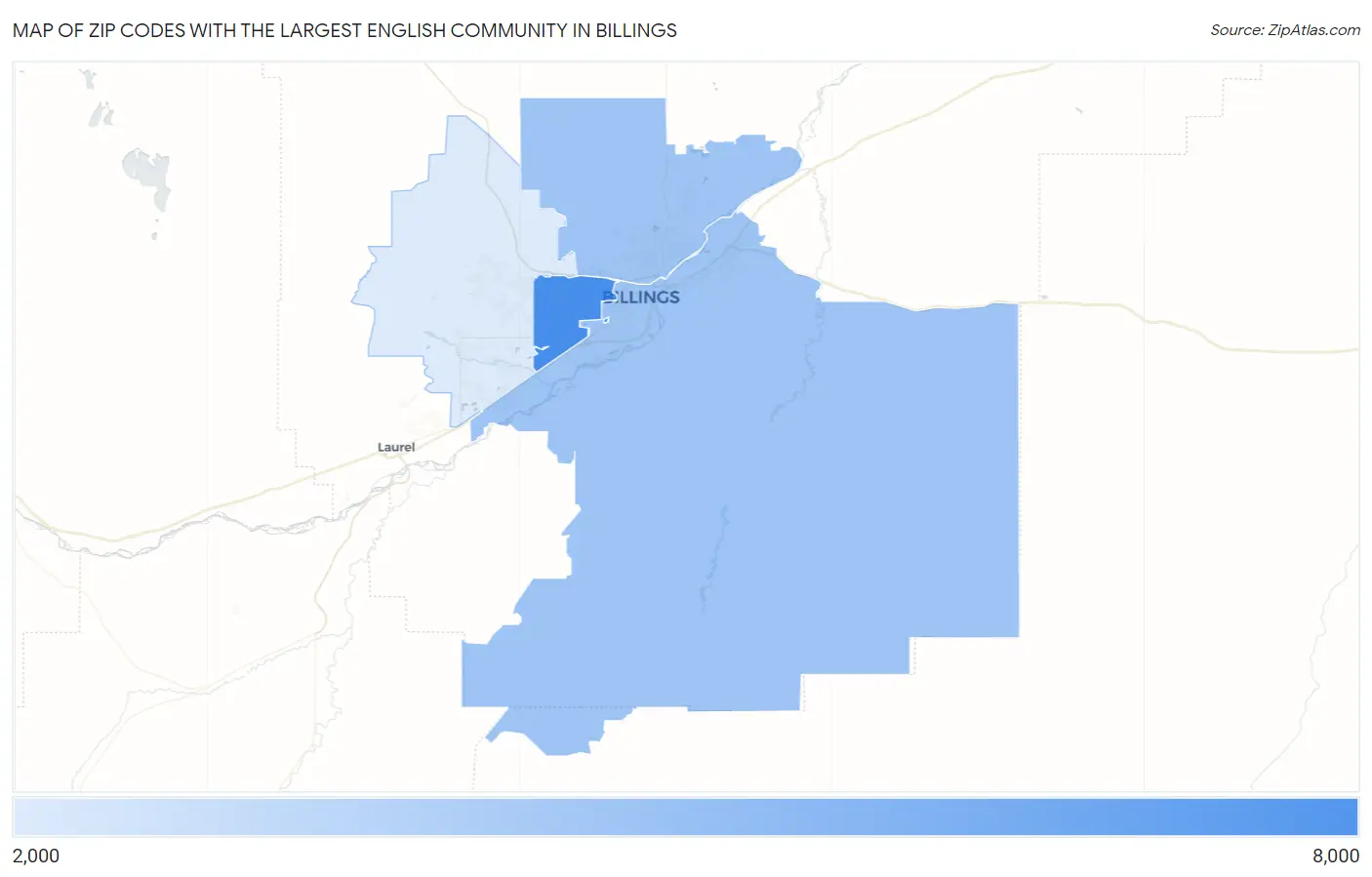Zip Codes with the Largest English Community in Billings Map