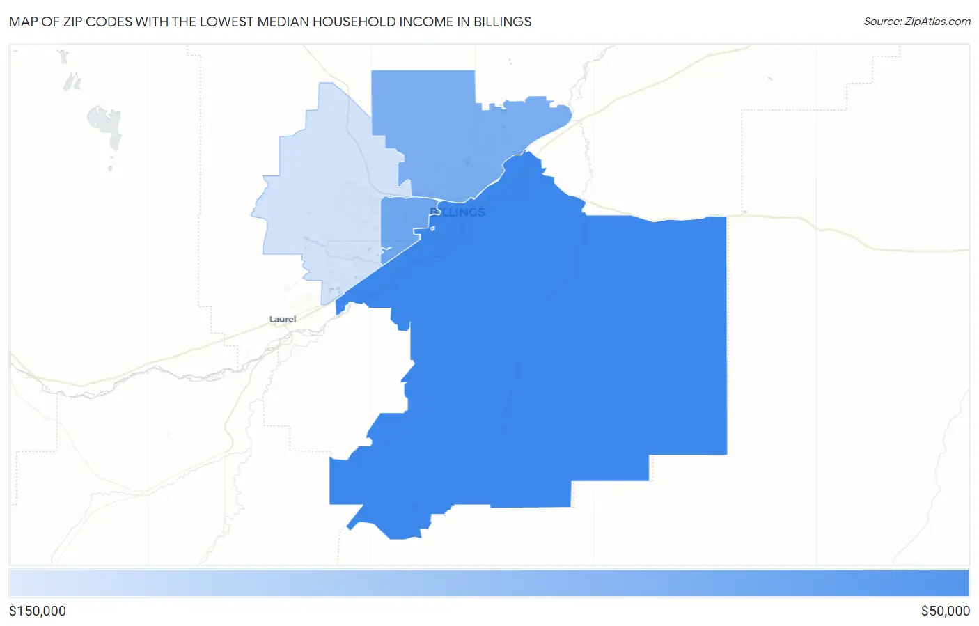 Zip Codes with the Lowest Median Household Income in Billings Map
