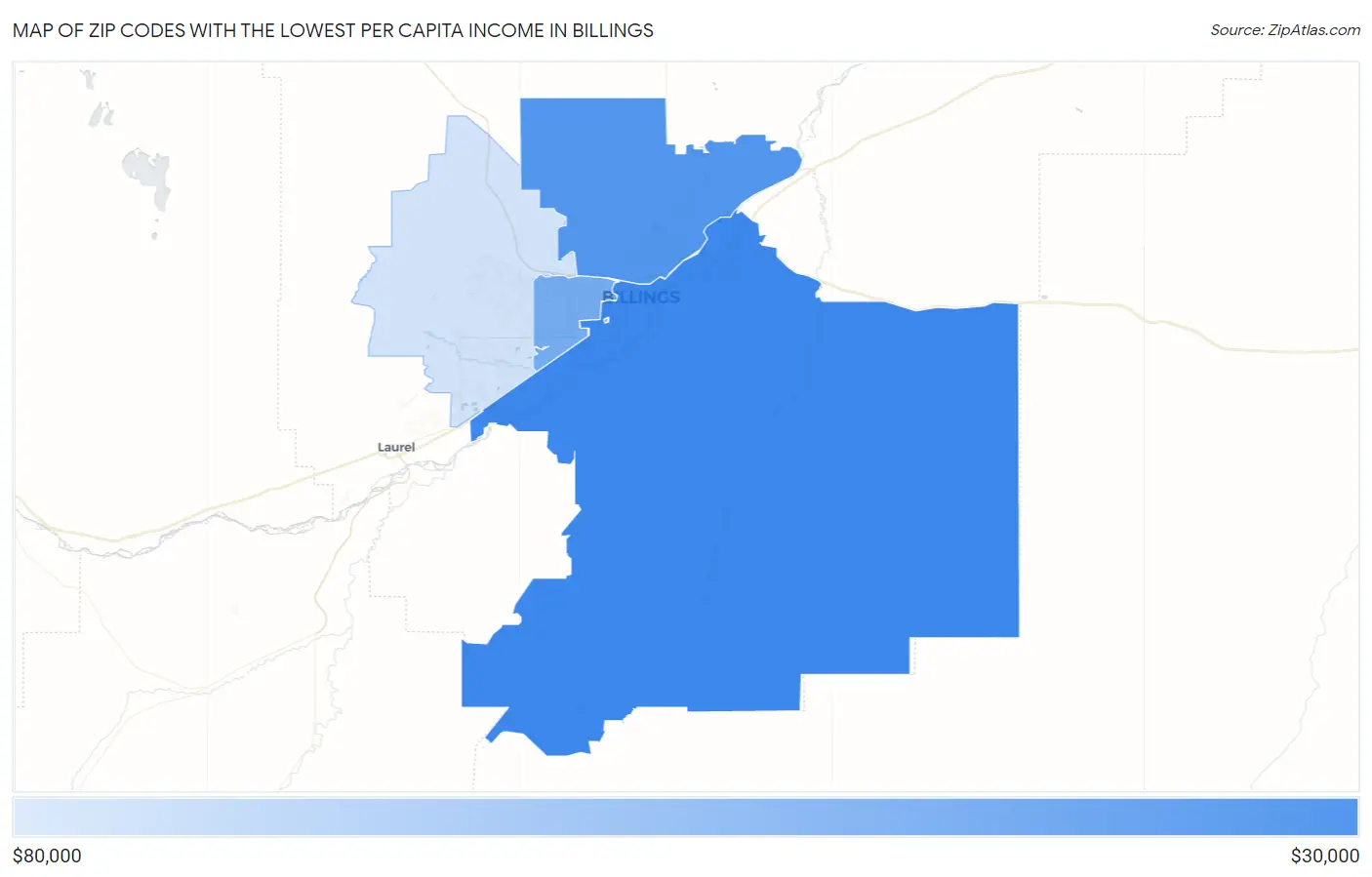 Zip Codes with the Lowest Per Capita Income in Billings Map