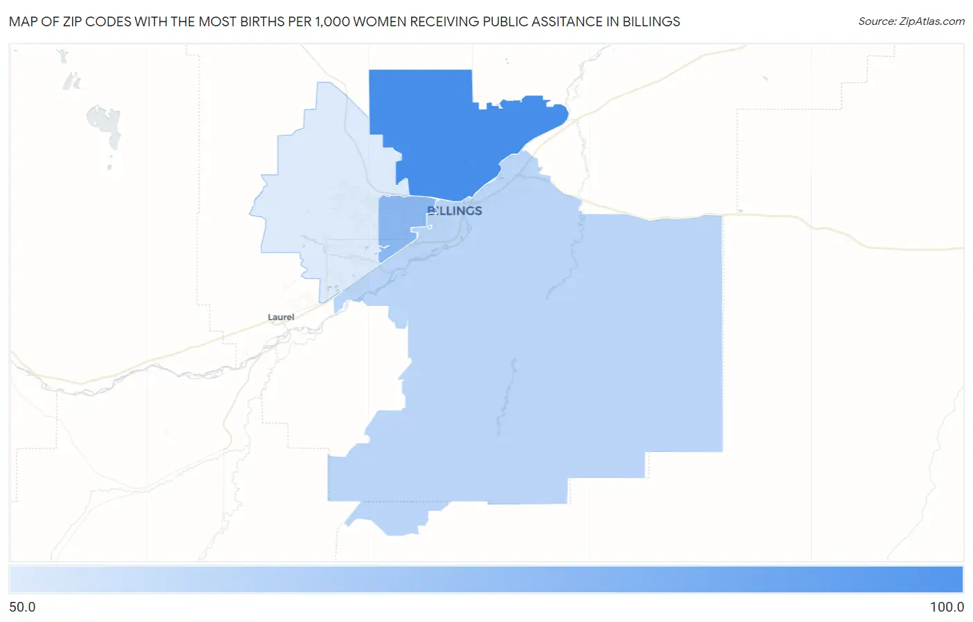 Zip Codes with the Most Births per 1,000 Women Receiving Public Assitance in Billings Map