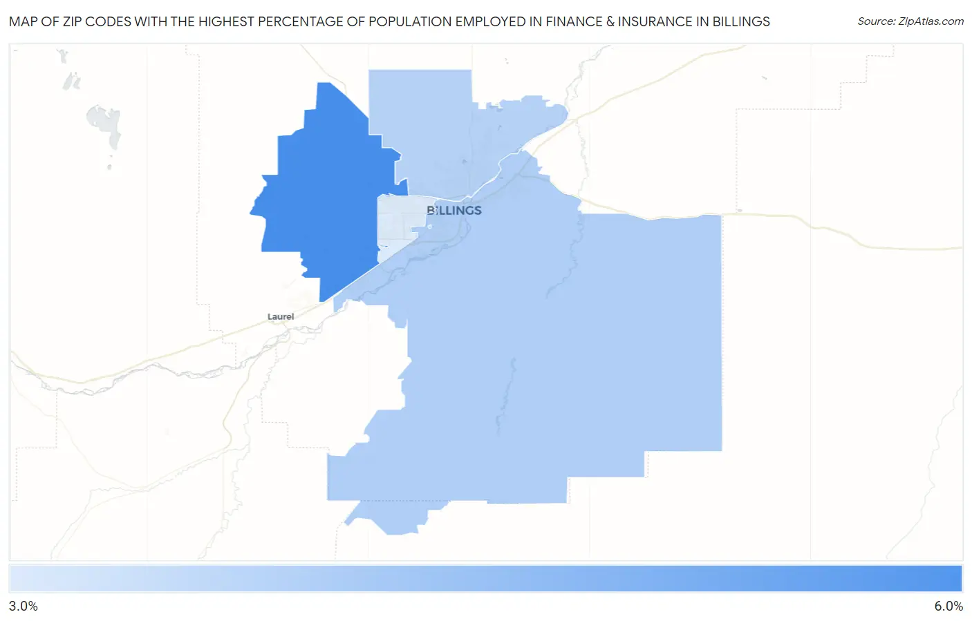 Zip Codes with the Highest Percentage of Population Employed in Finance & Insurance in Billings Map