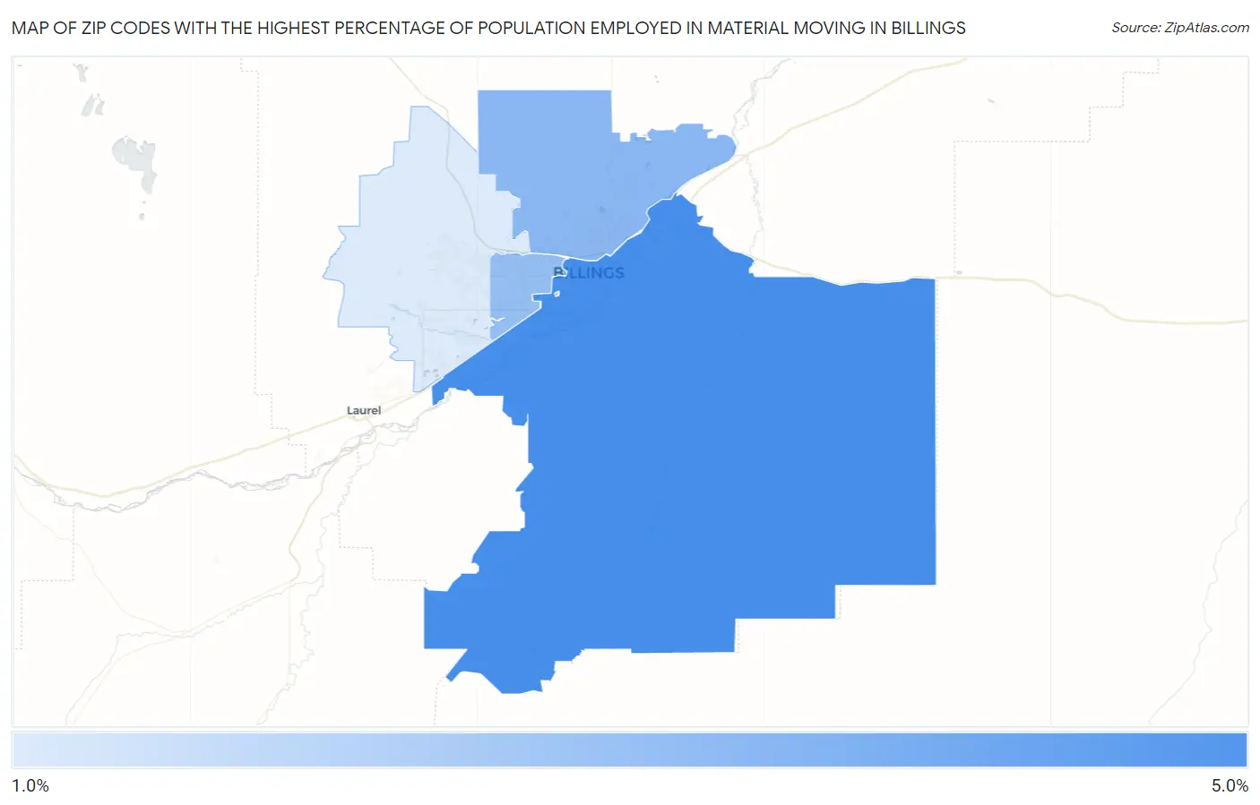 Zip Codes with the Highest Percentage of Population Employed in Material Moving in Billings Map