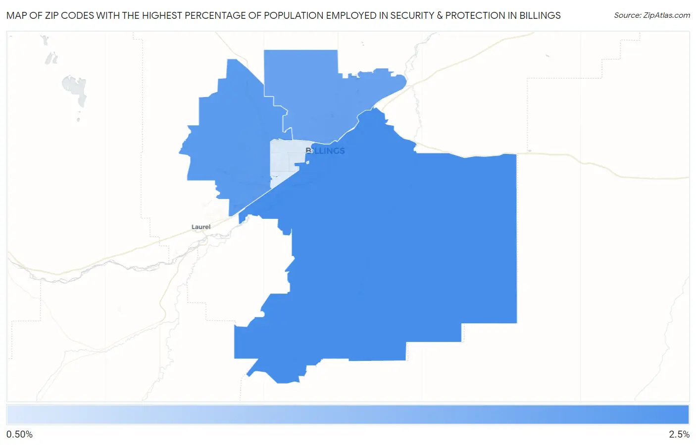 Zip Codes with the Highest Percentage of Population Employed in Security & Protection in Billings Map