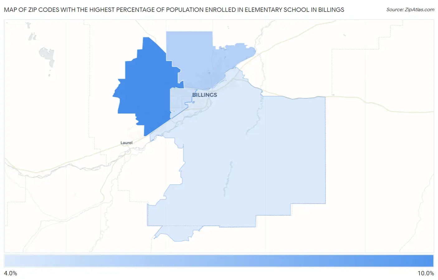 Zip Codes with the Highest Percentage of Population Enrolled in Elementary School in Billings Map
