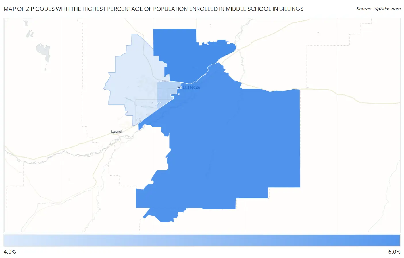 Zip Codes with the Highest Percentage of Population Enrolled in Middle School in Billings Map