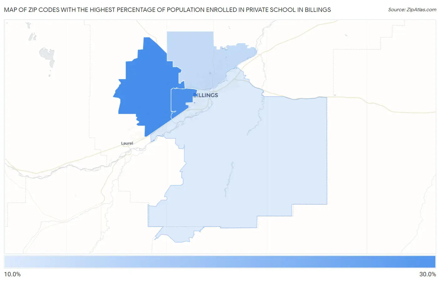 Zip Codes with the Highest Percentage of Population Enrolled in Private School in Billings Map