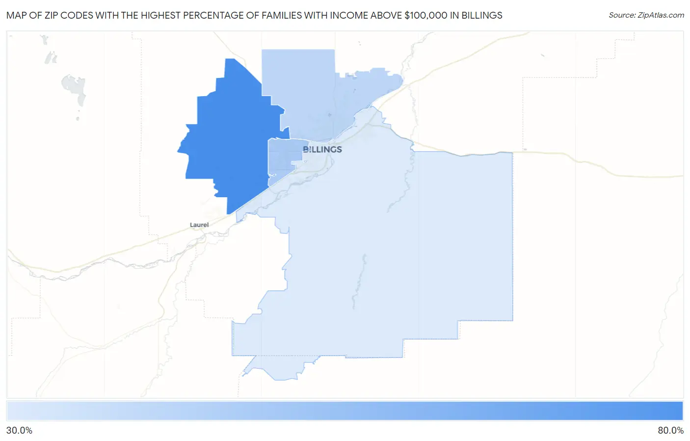 Zip Codes with the Highest Percentage of Families with Income Above $100,000 in Billings Map
