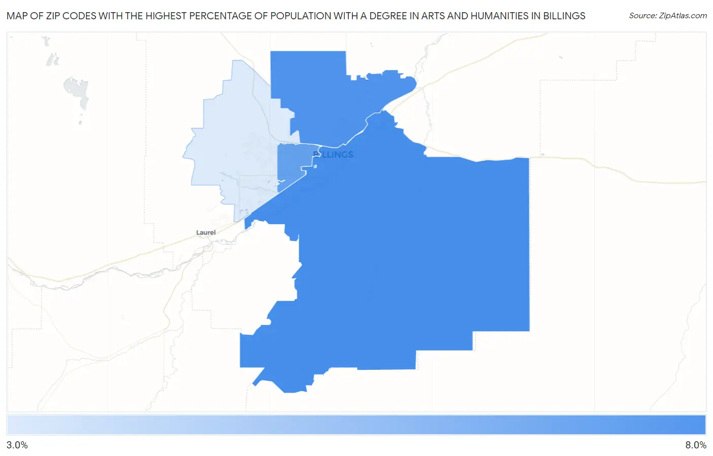 Zip Codes with the Highest Percentage of Population with a Degree in Arts and Humanities in Billings Map