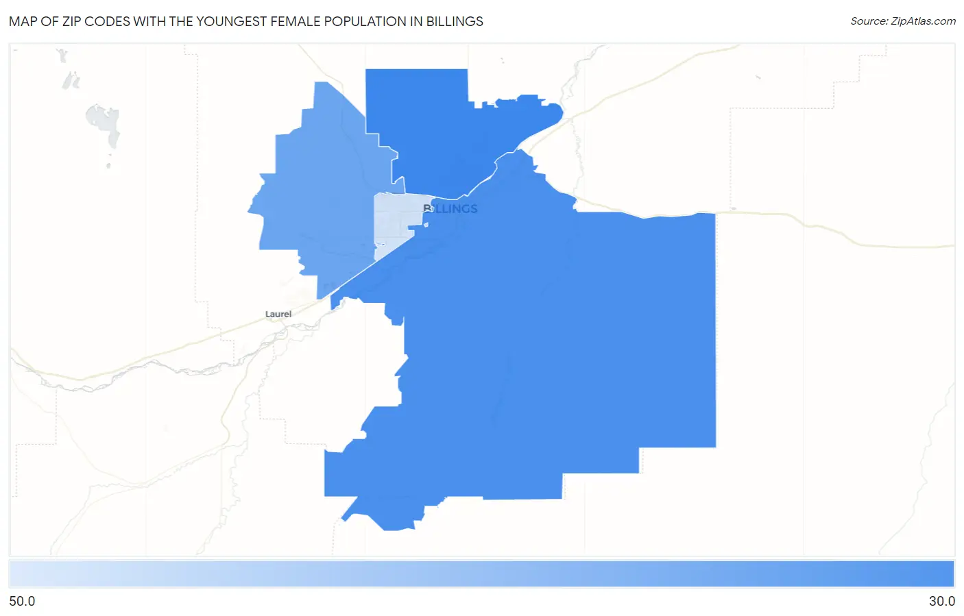 Zip Codes with the Youngest Female Population in Billings Map