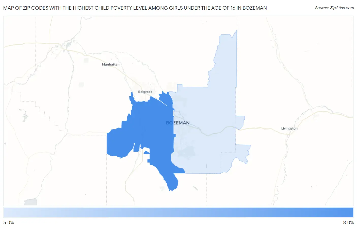 Zip Codes with the Highest Child Poverty Level Among Girls Under the Age of 16 in Bozeman Map