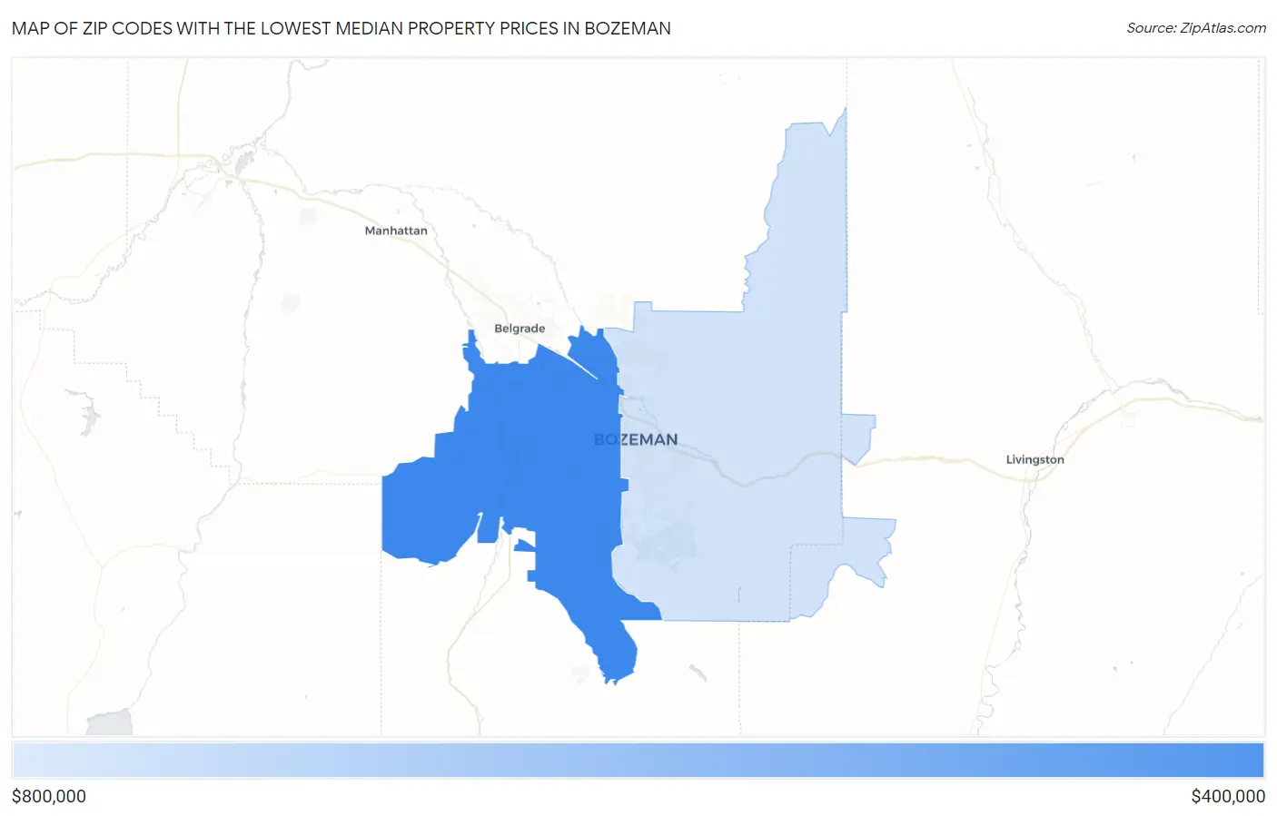 Zip Codes with the Lowest Median Property Prices in Bozeman Map