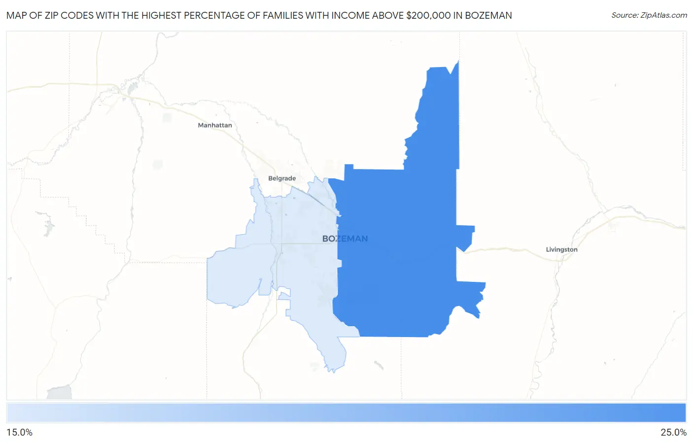Zip Codes with the Highest Percentage of Families with Income Above $200,000 in Bozeman Map