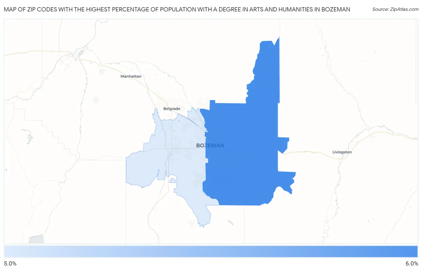Zip Codes with the Highest Percentage of Population with a Degree in Arts and Humanities in Bozeman Map