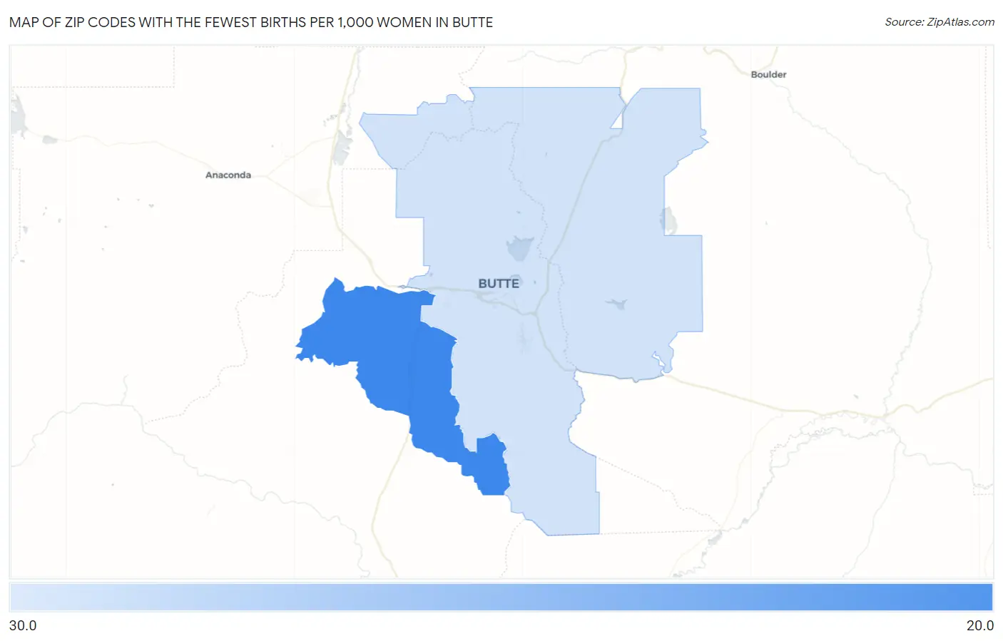 Zip Codes with the Fewest Births per 1,000 Women in Butte Map