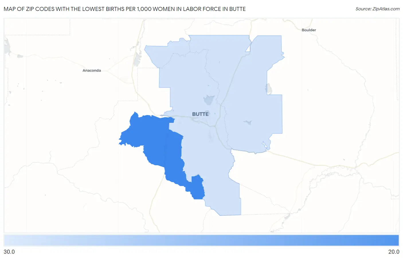 Zip Codes with the Lowest Births per 1,000 Women in Labor Force in Butte Map
