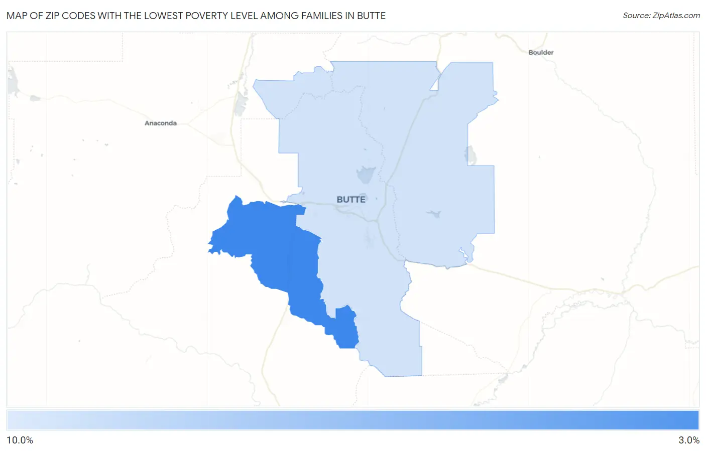 Zip Codes with the Lowest Poverty Level Among Families in Butte Map