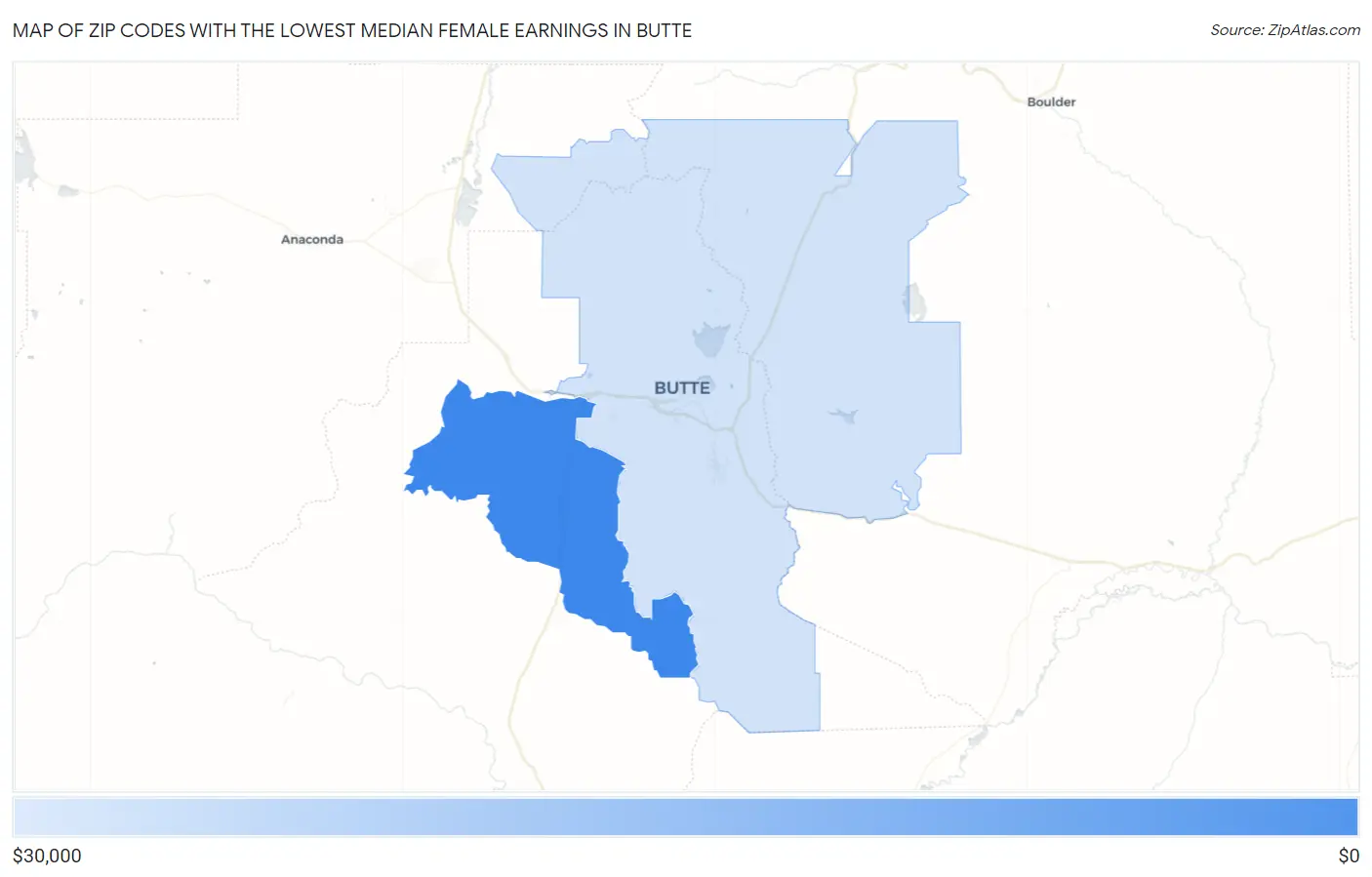 Zip Codes with the Lowest Median Female Earnings in Butte Map