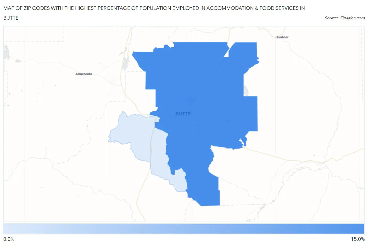 Zip Codes with the Highest Percentage of Population Employed in Accommodation & Food Services in Butte Map