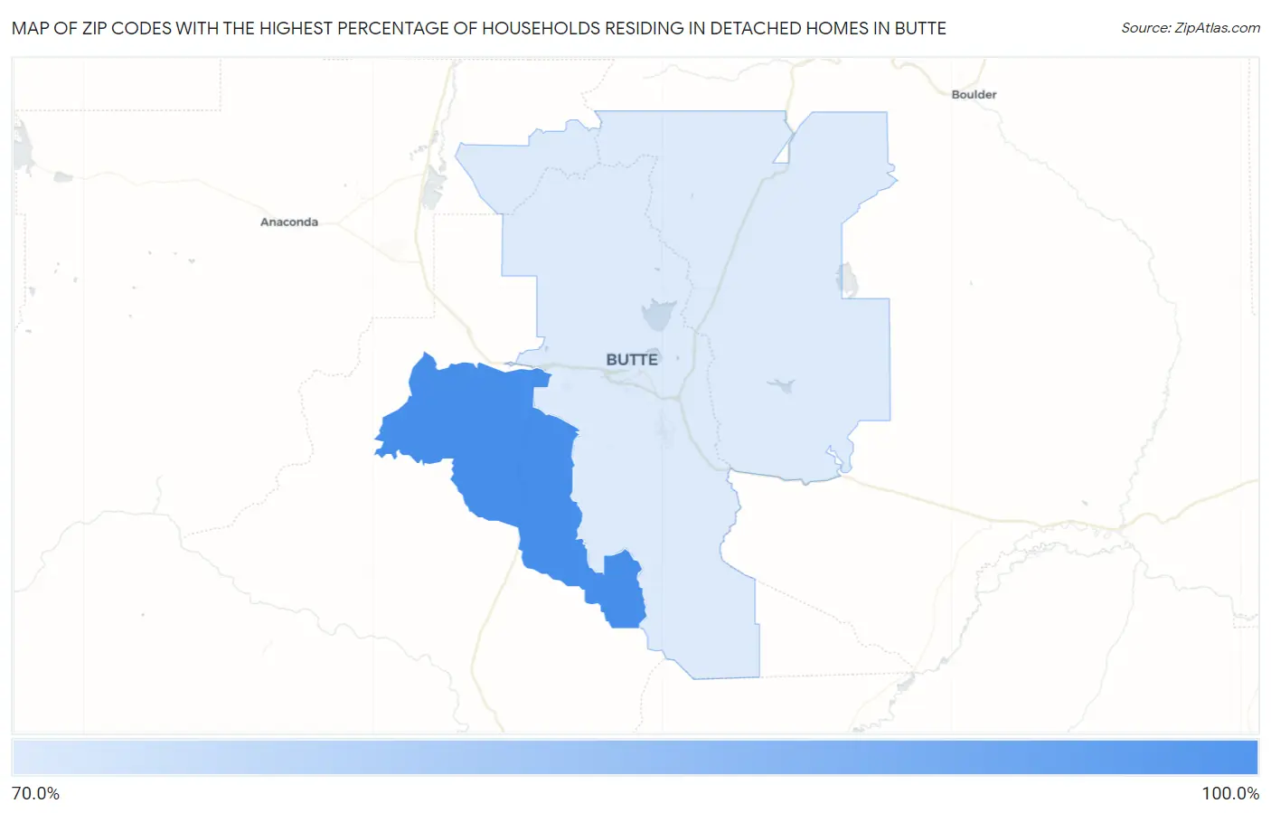 Zip Codes with the Highest Percentage of Households Residing in Detached Homes in Butte Map