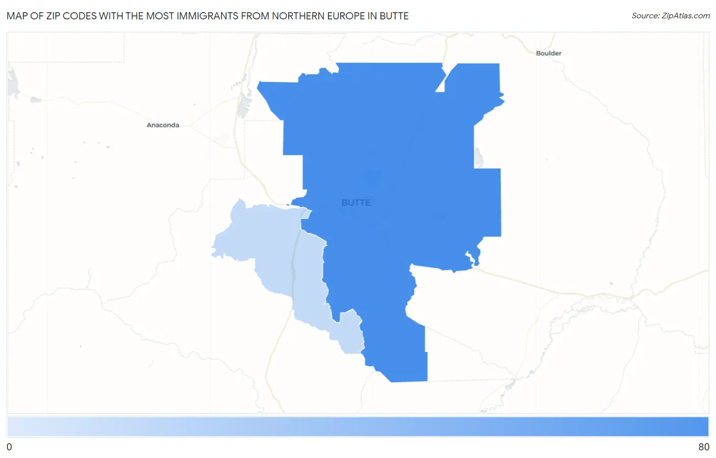 Zip Codes with the Most Immigrants from Northern Europe in Butte Map