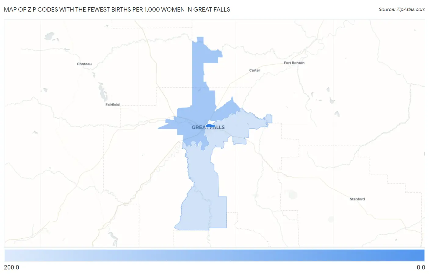 Zip Codes with the Fewest Births per 1,000 Women in Great Falls Map
