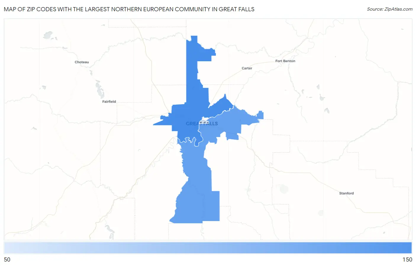 Zip Codes with the Largest Northern European Community in Great Falls Map