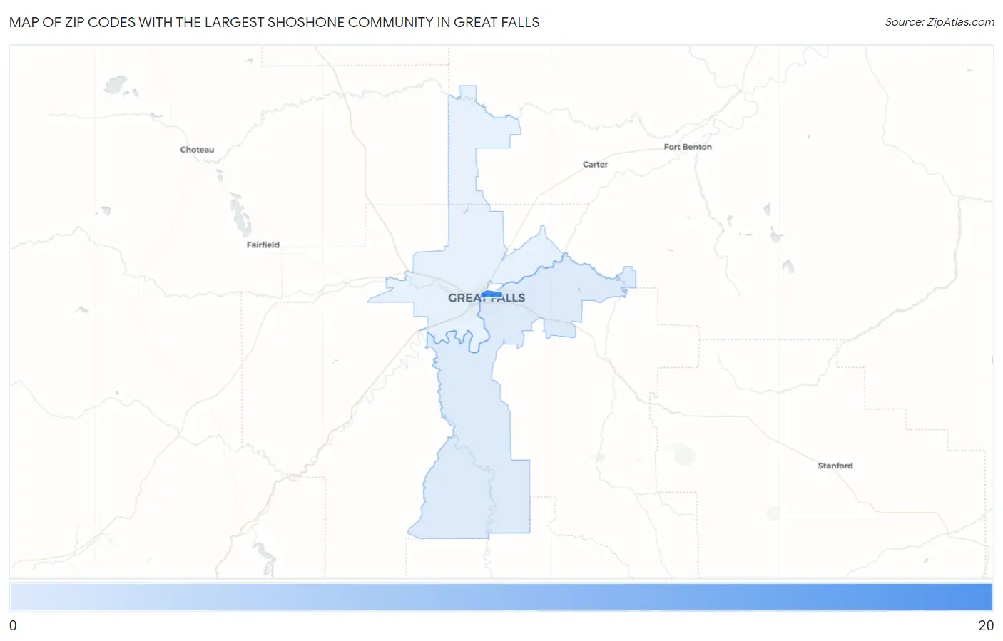Zip Codes with the Largest Shoshone Community in Great Falls Map