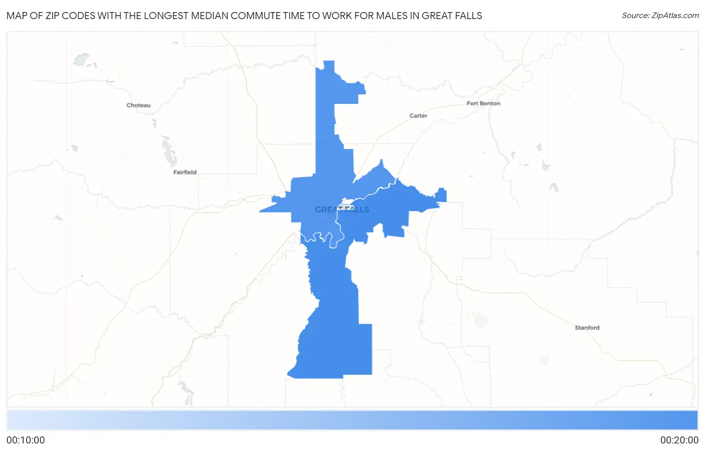 Zip Codes with the Longest Median Commute Time to Work for Males in Great Falls Map