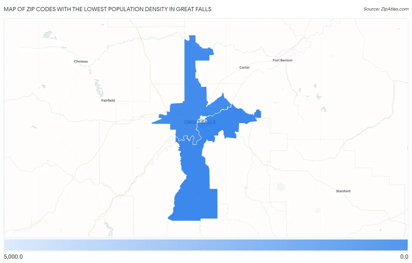 Zip Codes with the Lowest Population Density in Great Falls Map