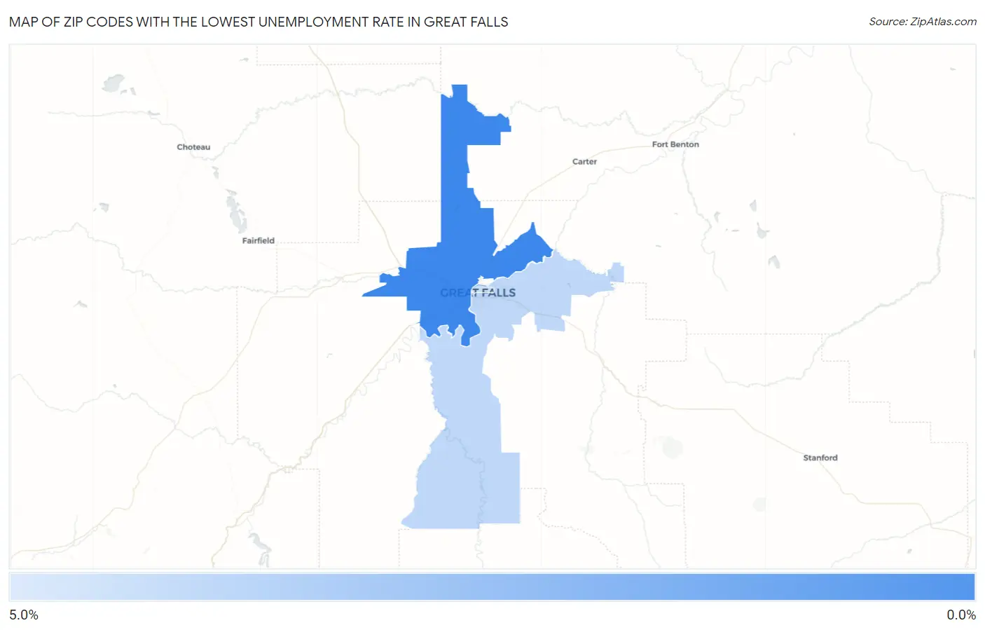 Zip Codes with the Lowest Unemployment Rate in Great Falls Map