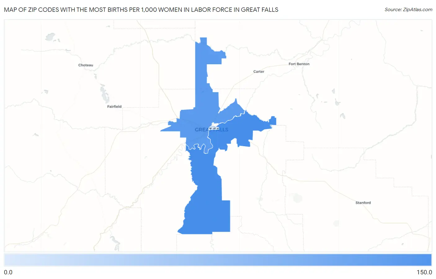 Zip Codes with the Most Births per 1,000 Women in Labor Force in Great Falls Map