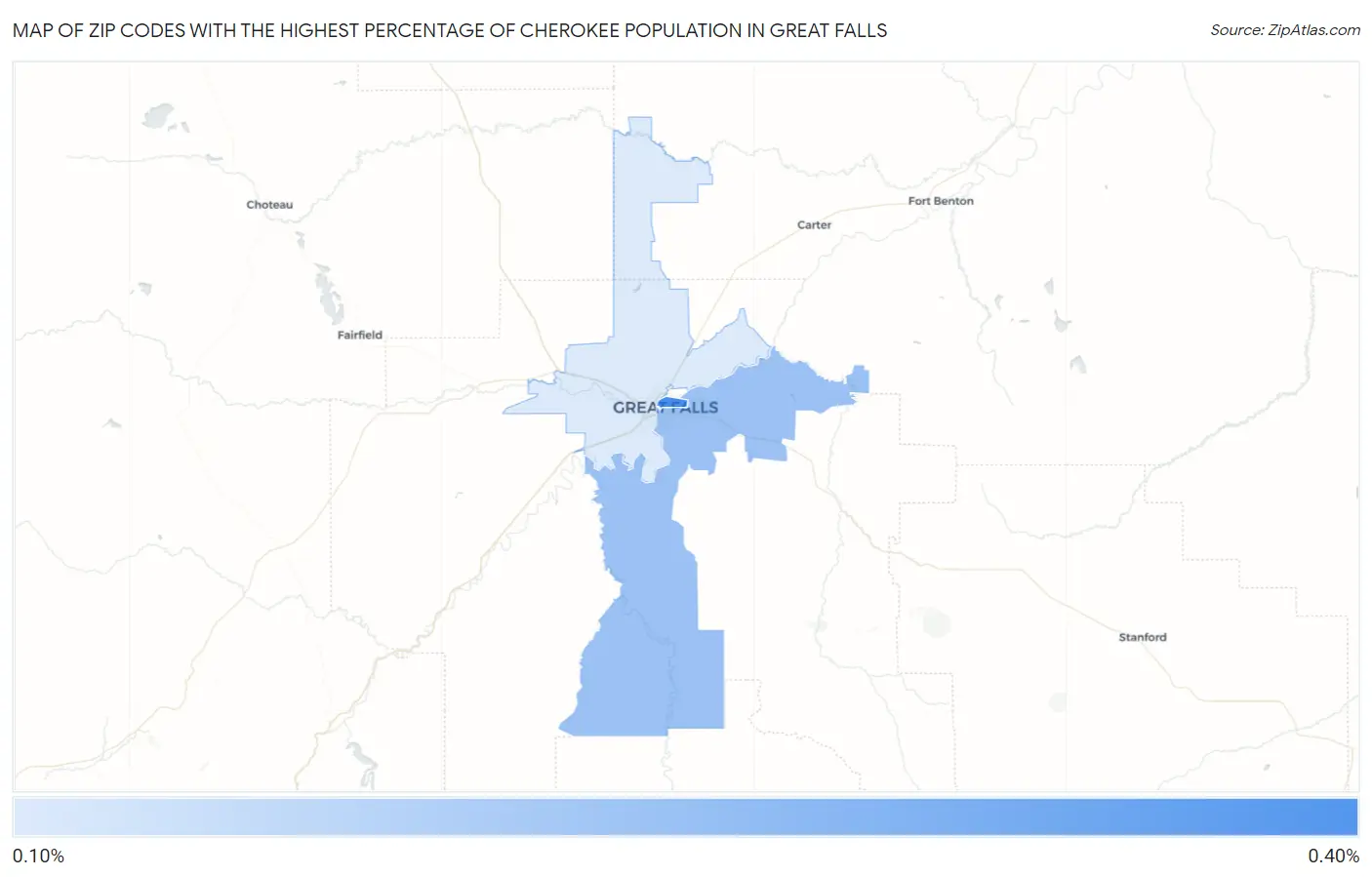 Zip Codes with the Highest Percentage of Cherokee Population in Great Falls Map