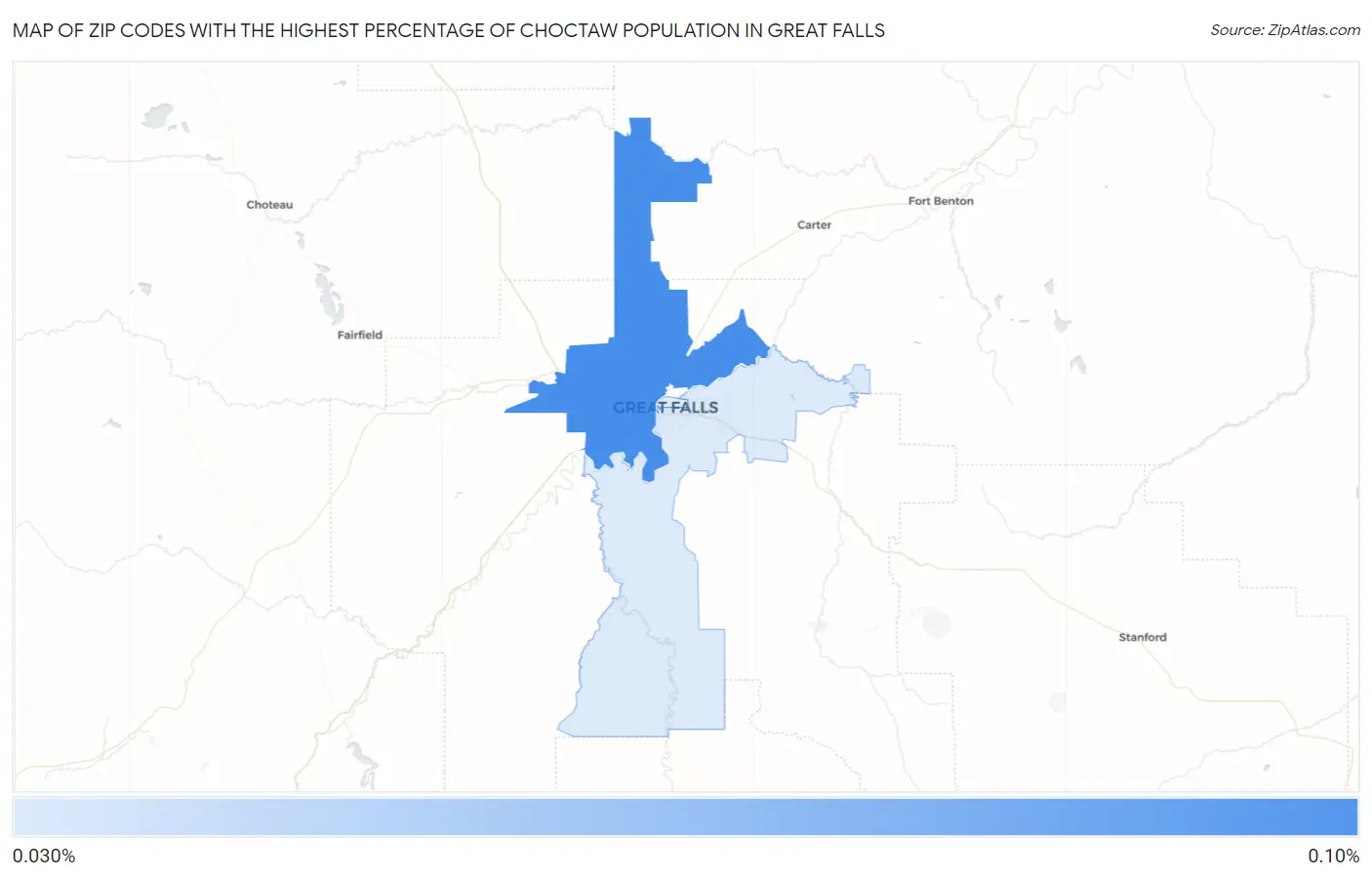 Zip Codes with the Highest Percentage of Choctaw Population in Great Falls Map