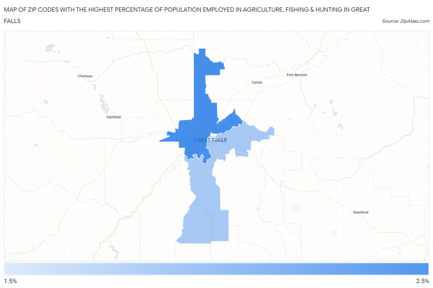 Zip Codes with the Highest Percentage of Population Employed in Agriculture, Fishing & Hunting in Great Falls Map