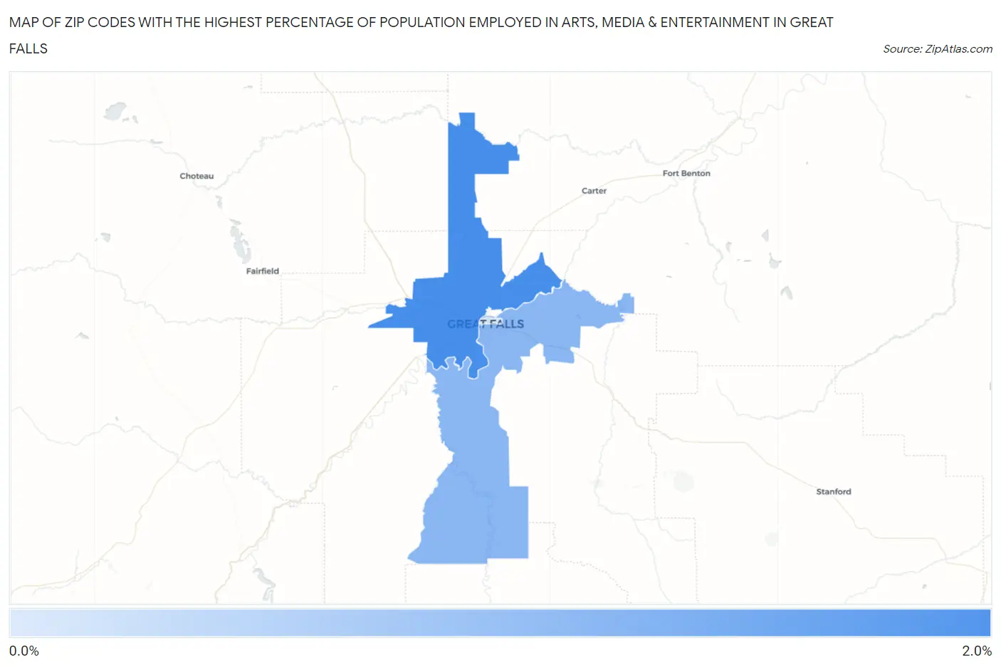 Zip Codes with the Highest Percentage of Population Employed in Arts, Media & Entertainment in Great Falls Map