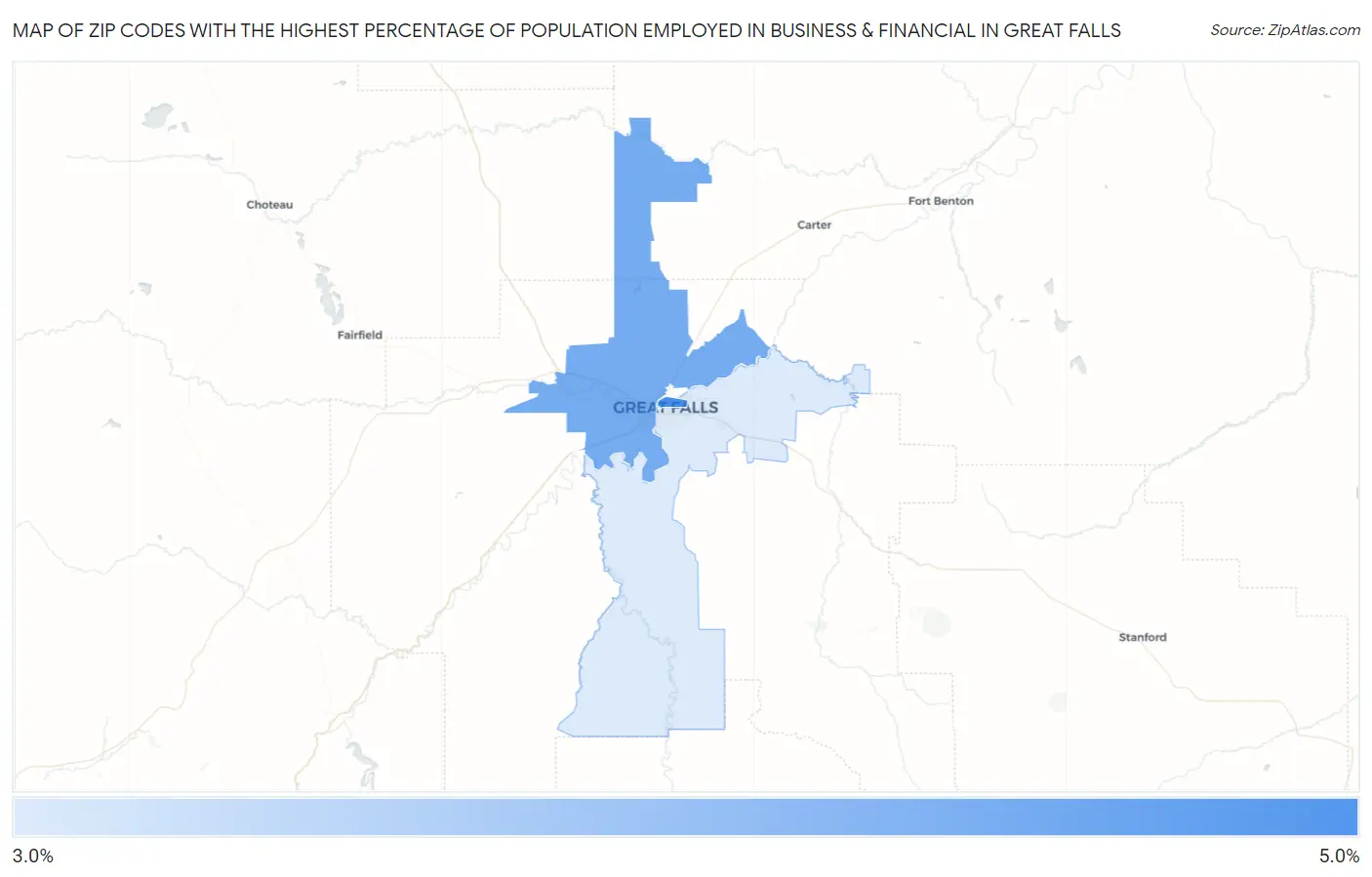 Zip Codes with the Highest Percentage of Population Employed in Business & Financial in Great Falls Map