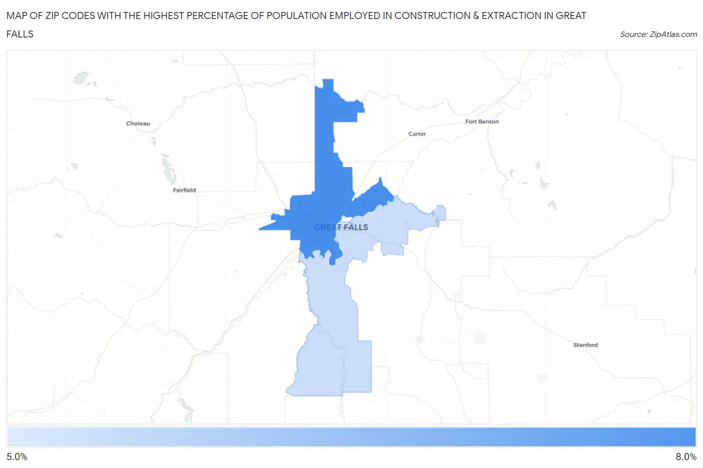 Zip Codes with the Highest Percentage of Population Employed in Construction & Extraction in Great Falls Map