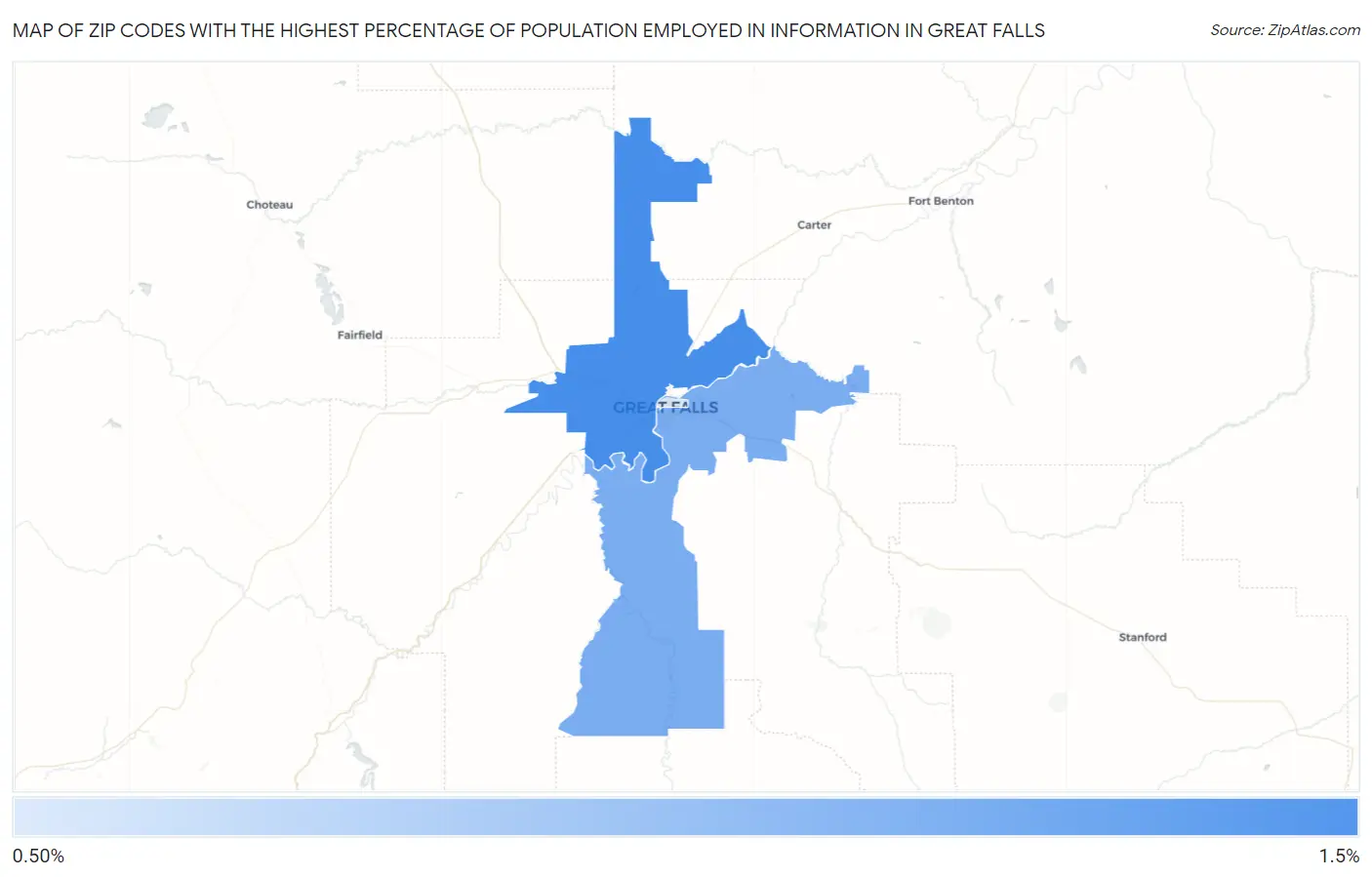 Zip Codes with the Highest Percentage of Population Employed in Information in Great Falls Map