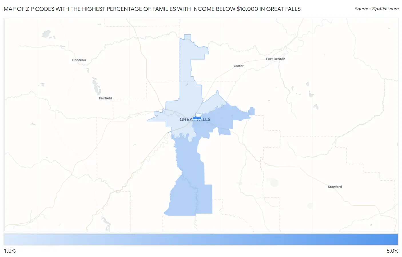 Zip Codes with the Highest Percentage of Families with Income Below $10,000 in Great Falls Map
